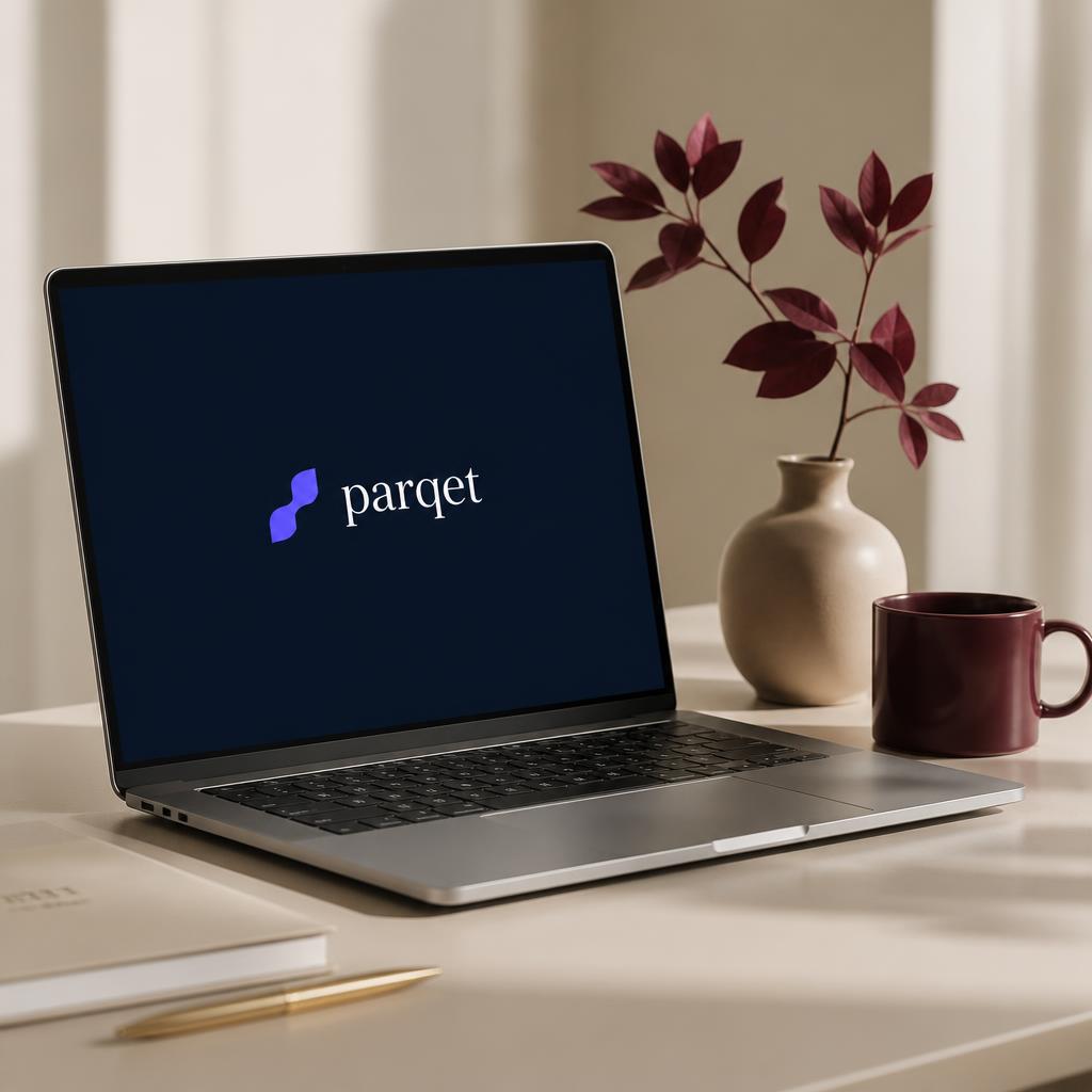 Modern workspace showing Parqet branding on a laptop